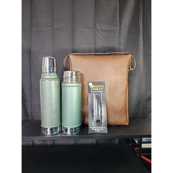 Vtg Orvis Portable Leather Picnic Tote Case 2 Stanley Aladdin Thermos & Handle - Picture 2 of 14